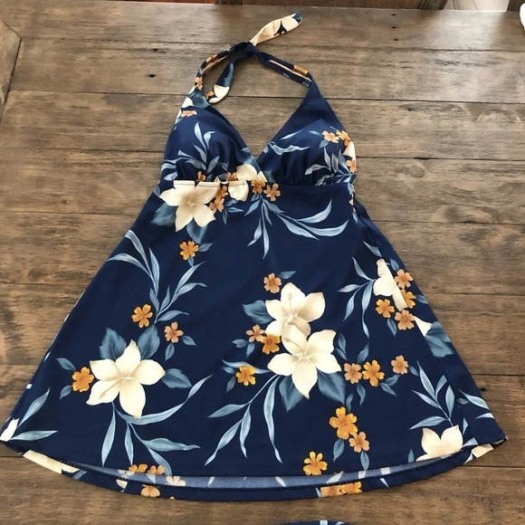Vintage Caribbean Joe sz 10 2 Piece Tankini Dress Swimsuit Blue Floral High Leg - Picture 2 of 10